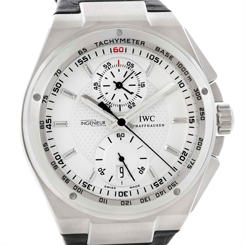 The image shows the IWC Ingenieur IW378405 Men's Stainless Steel Silver Dial IW378405 Men's Stainless Steel Silver Dial watch from a front angle, displaying its dial, tachymeter, and chronograph subdials.