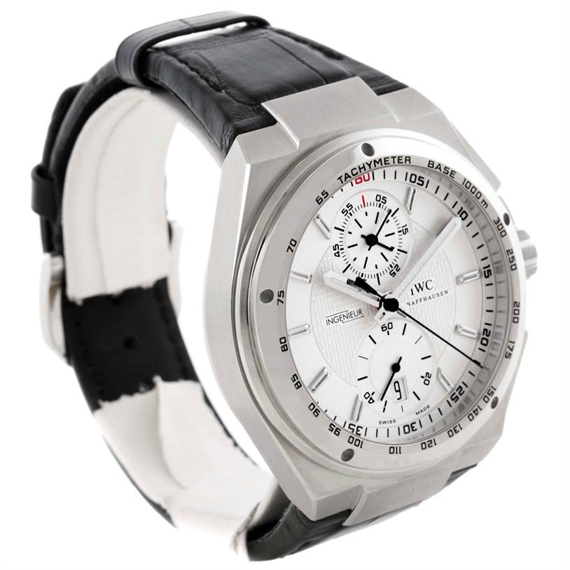 The image shows a 3/4 side view of the IWC Ingenieur IW378405 Men's Stainless Steel Silver Dial IW378405 Men's Stainless Steel Silver Dial watch, highlighting the dial, bezel, and leather strap.