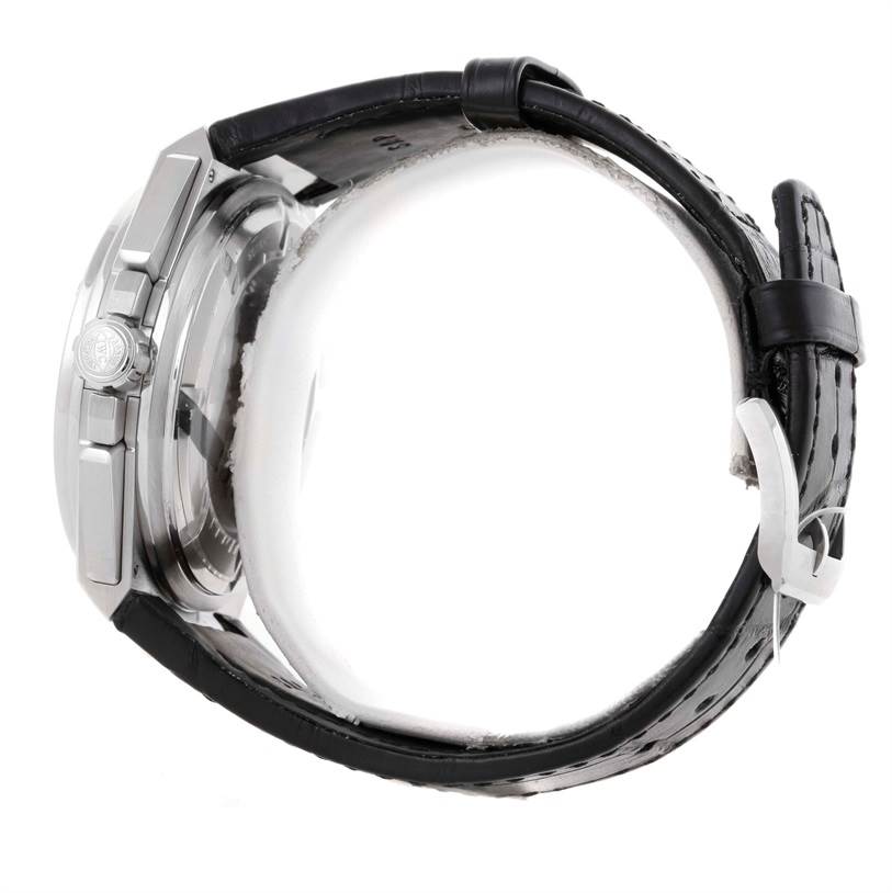 The image shows a side view of an IWC Ingenieur IW378405 Men's Stainless Steel Silver Dial IW378405 Men's Stainless Steel Silver Dial watch, highlighting the crown, case, and black leather strap.