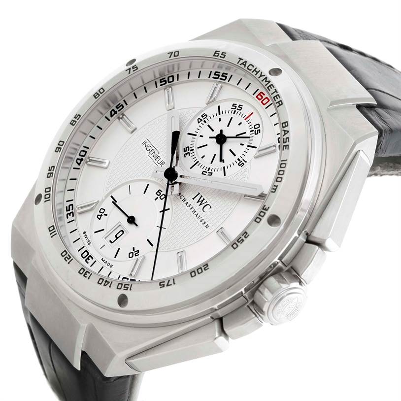 This image shows a close-up, angled view of the IWC Ingenieur IW378405 Men's Stainless Steel Silver Dial IW378405 Men's Stainless Steel Silver Dial watch, highlighting its dial, tachymeter scale, and crown.