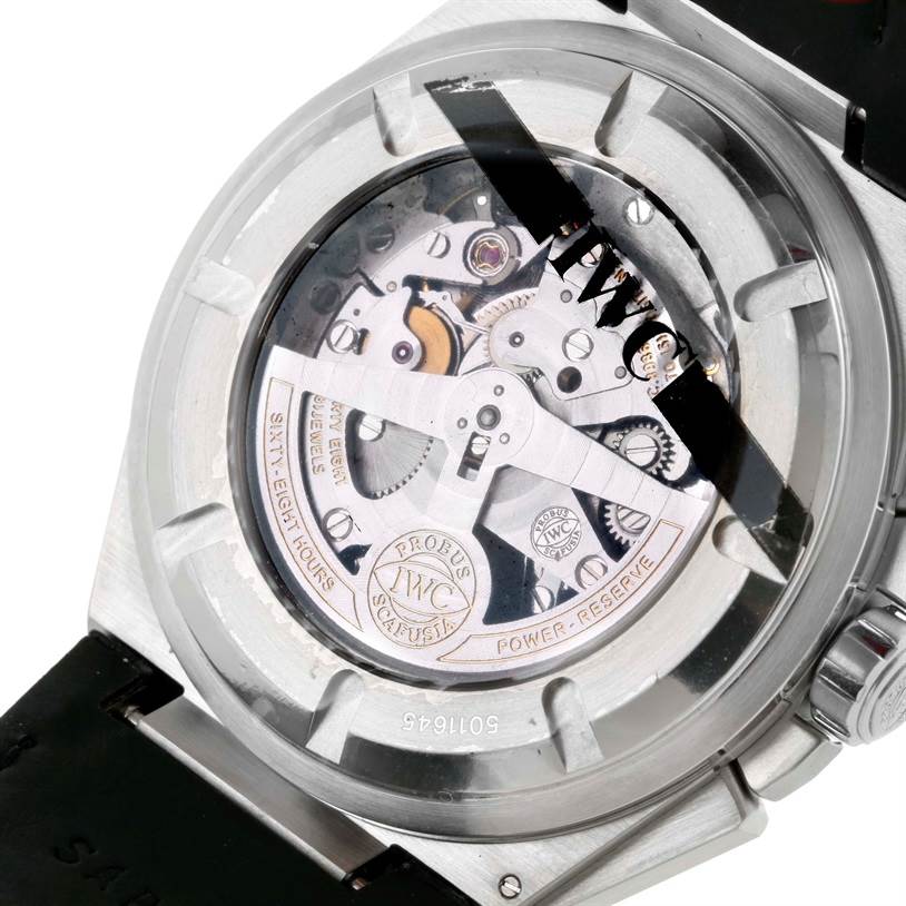 The image shows the back view of an IWC Ingenieur IW378405 Men's Stainless Steel Silver Dial IW378405 Men's Stainless Steel Silver Dial watch, highlighting its exposed mechanical movement.