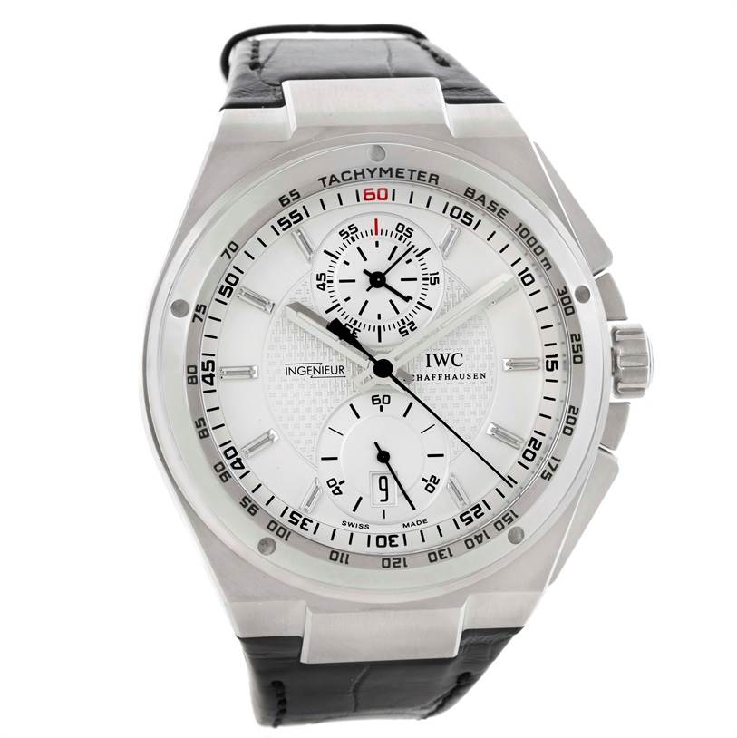 The image shows a frontal view of an IWC Ingenieur IW378405 Men's Stainless Steel Silver Dial IW378405 Men's Stainless Steel Silver Dial watch with its dial, bezel, and leather strap visible.