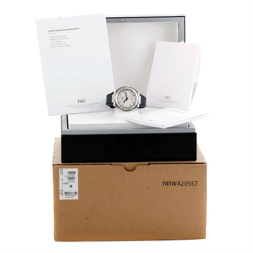 The IWC Ingenieur IW378405 Men's Stainless Steel Silver Dial IW378405 Men's Stainless Steel Silver Dial watch is displayed front-on, accompanied by its open box and manuals.