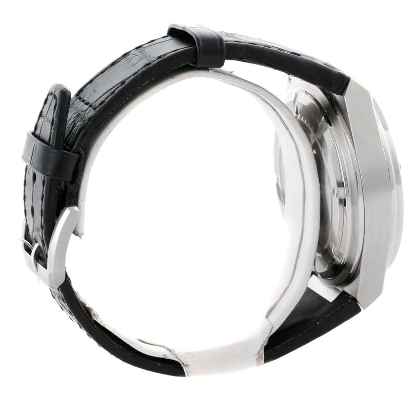 The image shows a side view of the IWC Ingenieur IW378405 Men's Stainless Steel Silver Dial IW378405 Men's Stainless Steel Silver Dial watch, highlighting its black leather strap and metal casing.