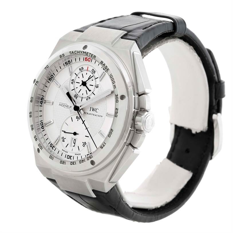 The IWC Ingenieur IW378405 Men's Stainless Steel Silver Dial IW378405 Men's Stainless Steel Silver Dial watch is shown at a slight left-side angle, highlighting its face, bezel, and leather strap.
