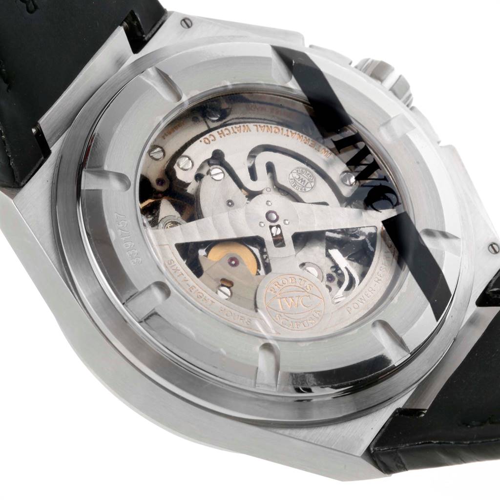 The image shows the transparent case back of an IWC Ingenieur IW378401 Men's Stainless Steel Black Dial IW378401 Men's Stainless Steel Black Dial watch, revealing the movement and internal mechanism.