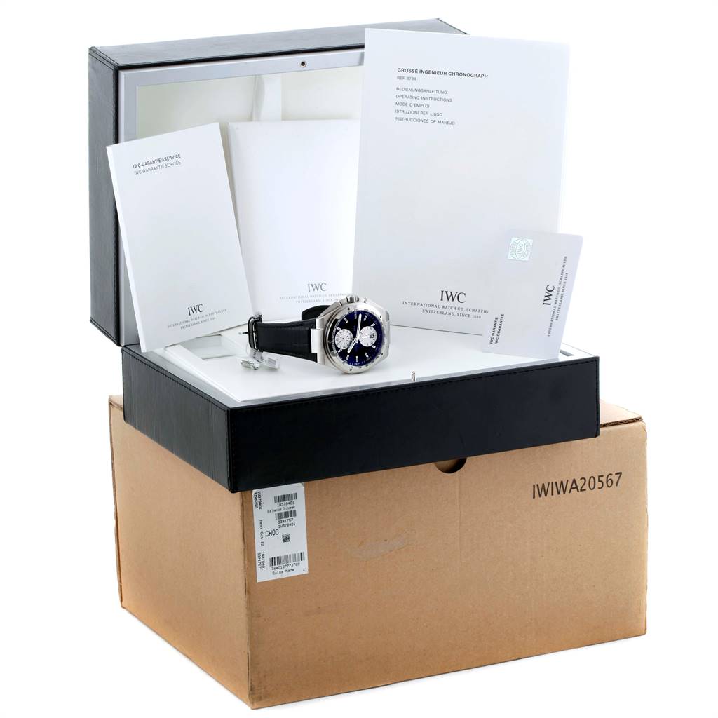 The image shows an IWC Ingenieur IW378401 Men's Stainless Steel Black Dial IW378401 Men's Stainless Steel Black Dial watch placed in its open box with accompanying documentation.