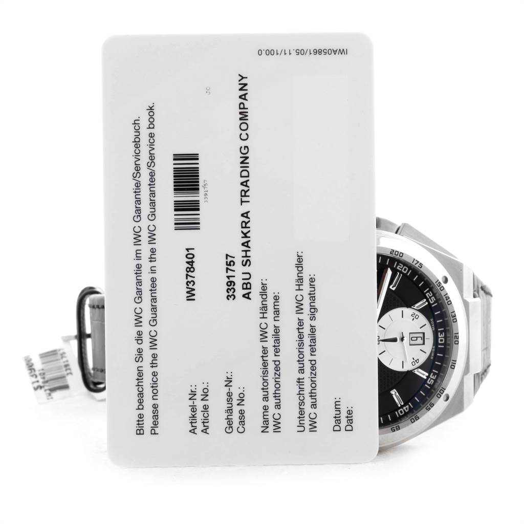The image shows a side view of an IWC Ingenieur IW378401 Men's Stainless Steel Black Dial IW378401 Men's Stainless Steel Black Dial watch with part of the dial visible, alongside a warranty card.