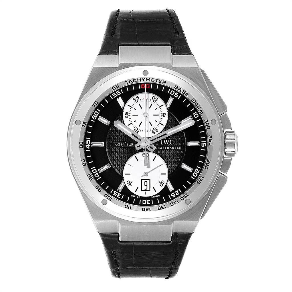 The image shows a frontal view of the IWC Ingenieur IW378401 Men's Stainless Steel Black Dial IW378401 Men's Stainless Steel Black Dial watch, displaying its dial, tachymeter, and leather strap.