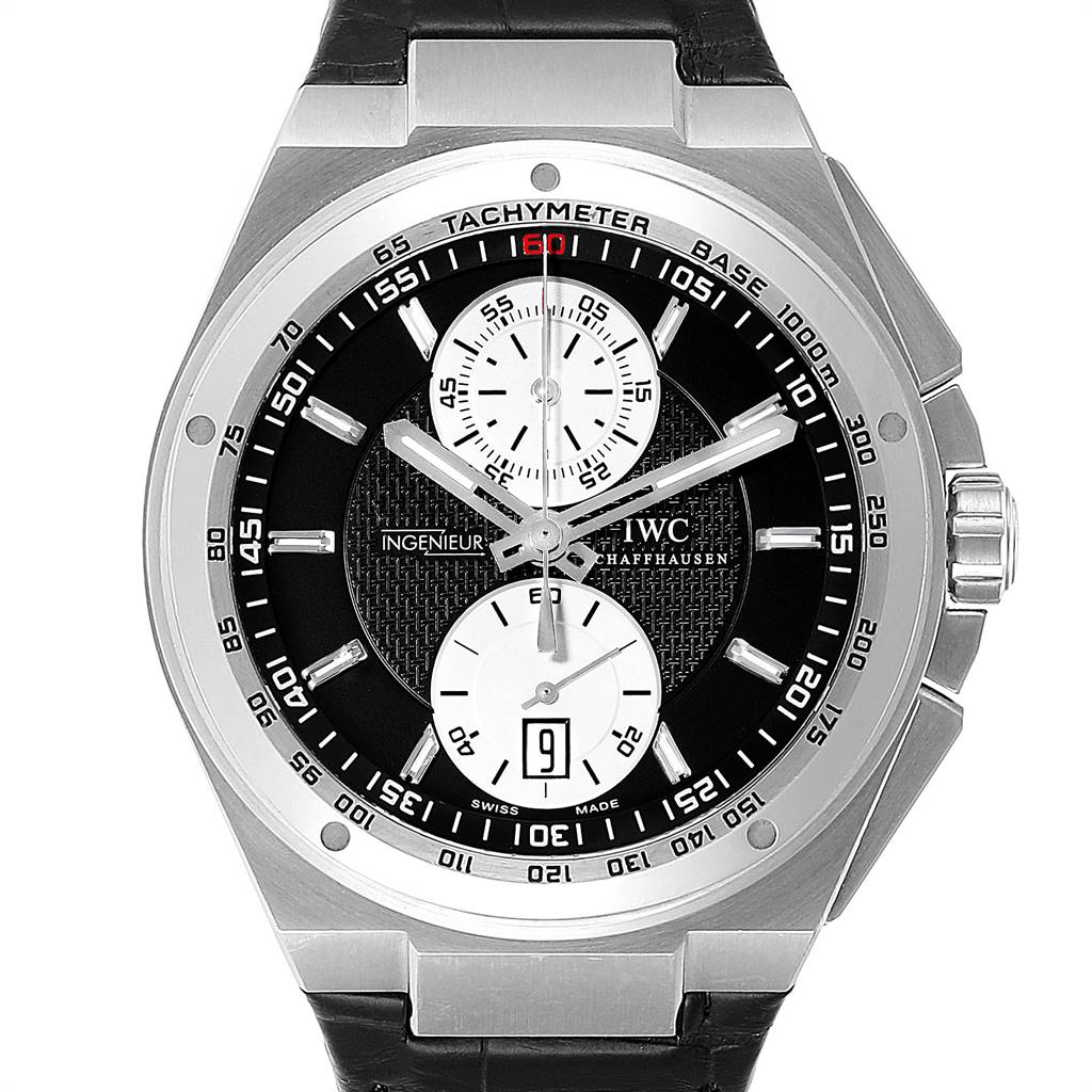 The image shows a front view of an IWC Ingenieur IW378401 Men's Stainless Steel Black Dial IW378401 Men's Stainless Steel Black Dial watch, highlighting its dial, tachymeter, and chronograph sub-dials.