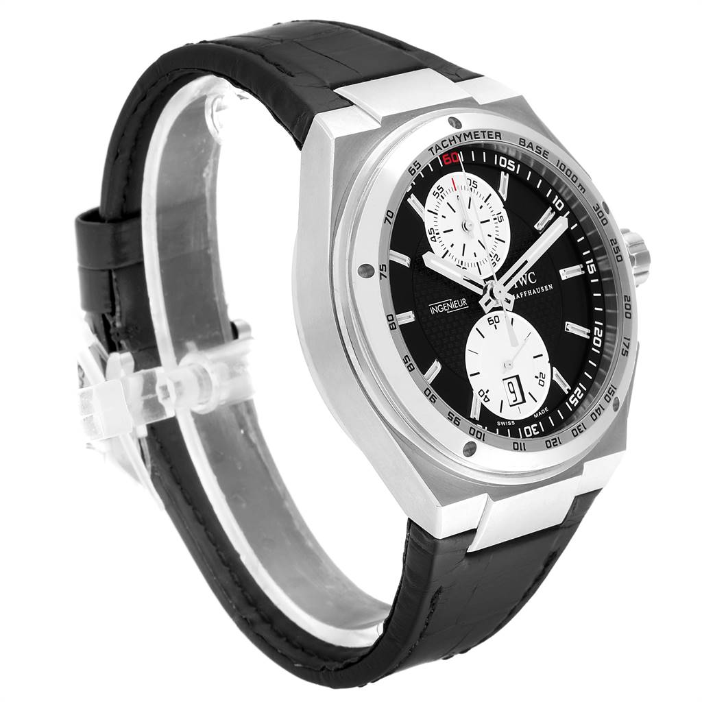 The IWC Ingenieur IW378401 Men's Stainless Steel Black Dial IW378401 Men's Stainless Steel Black Dial watch is shown at an angle highlighting the dial, case, crown, and leather strap.