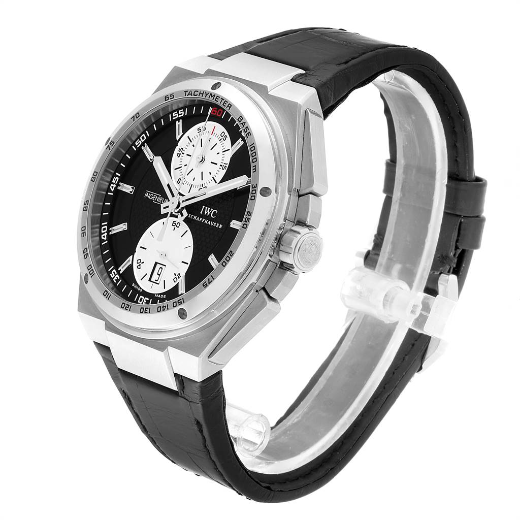 This IWC Ingenieur IW378401 Men's Stainless Steel Black Dial IW378401 Men's Stainless Steel Black Dial watch is shown at a slightly tilted angle, displaying the face, bezel, crown, and part of the black leather strap.