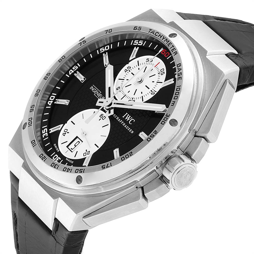 This image shows the IWC Ingenieur IW378401 Men's Stainless Steel Black Dial IW378401 Men's Stainless Steel Black Dial watch at a tilted angle, highlighting its black dial, tachymeter, and stainless steel case.
