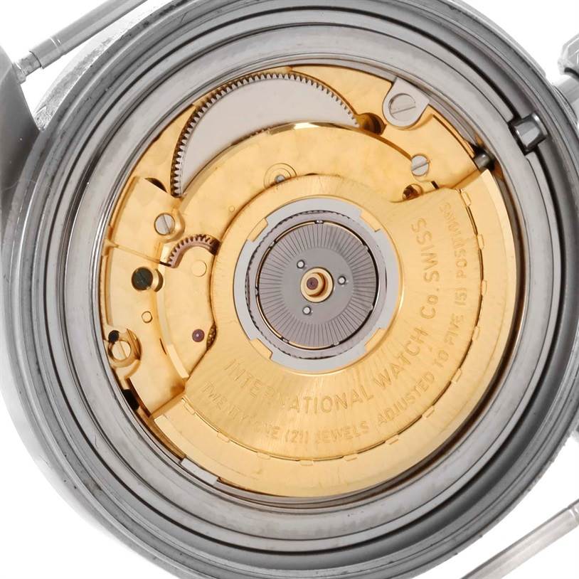 The image shows the movement mechanism of an IWC Pilot IW325301 Men's Stainless Steel Black Dial IW325301 Men's Stainless Steel Black Dial model watch from a close-up, rear angle.