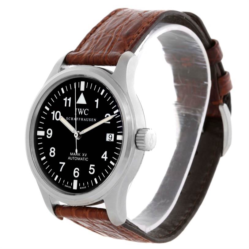 This IWC Pilot IW325301 Men's Stainless Steel Black Dial IW325301 Men's Stainless Steel Black Dial model watch is shown at a slight angle highlighting the bezel, dial, crown, and brown leather strap.