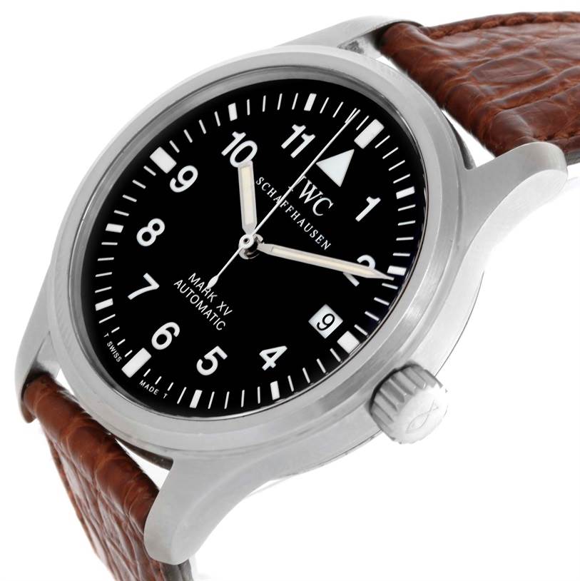 The IWC Pilot IW325301 Men's Stainless Steel Black Dial IW325301 Men's Stainless Steel Black Dial model watch is shown at an angle, highlighting the black dial, numerals, crown, and brown leather strap.