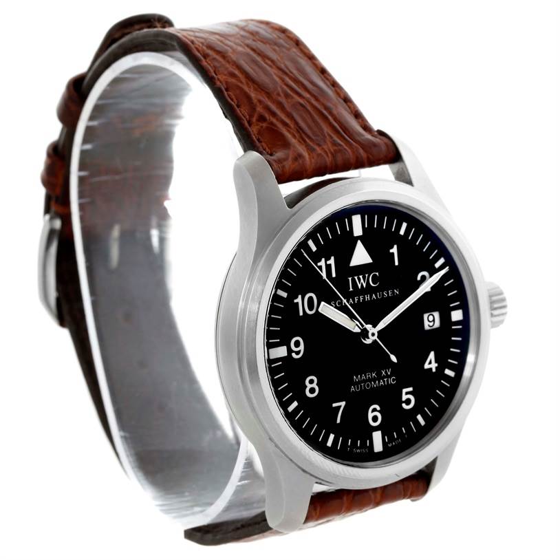 This image shows a side angle view of the IWC Pilot IW325301 Men's Stainless Steel Black Dial IW325301 Men's Stainless Steel Black Dial Mark XV watch, displaying its face and brown leather strap.
