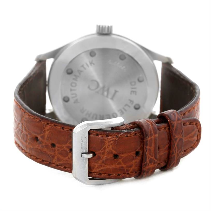 This image shows the back view of an IWC Pilot IW325301 Men's Stainless Steel Black Dial IW325301 Men's Stainless Steel Black Dial model watch, highlighting the clasp and leather strap.