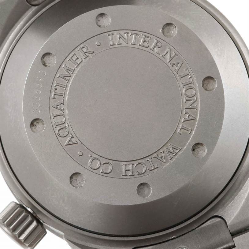 The image shows the back case and crown of an IWC Aquatimer IW356802 Men's Titanium Black Dial IW356802 Men's Titanium Black Dial watch.