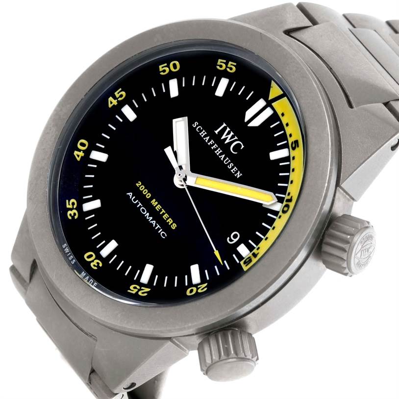 The image showcases an IWC Aquatimer IW356802 Men's Titanium Black Dial IW356802 Men's Titanium Black Dial watch from a front-side angle, highlighting the dial, bezel, and crown.