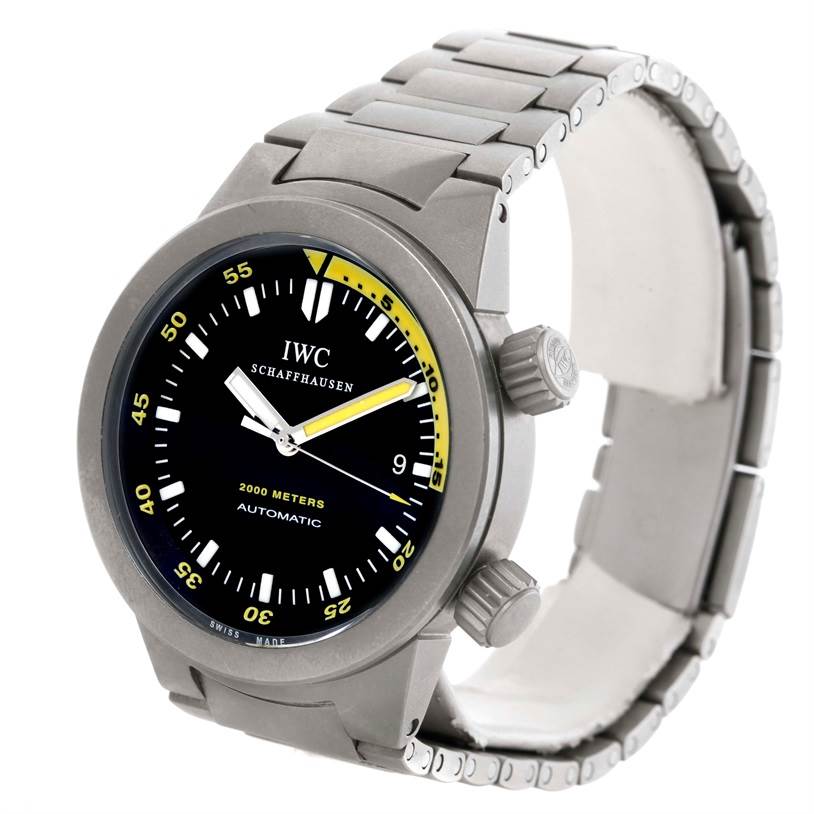 The IWC Aquatimer IW356802 Men's Titanium Black Dial IW356802 Men's Titanium Black Dial watch is shown at a front angle highlighting the face, bezel, and metal bracelet.
