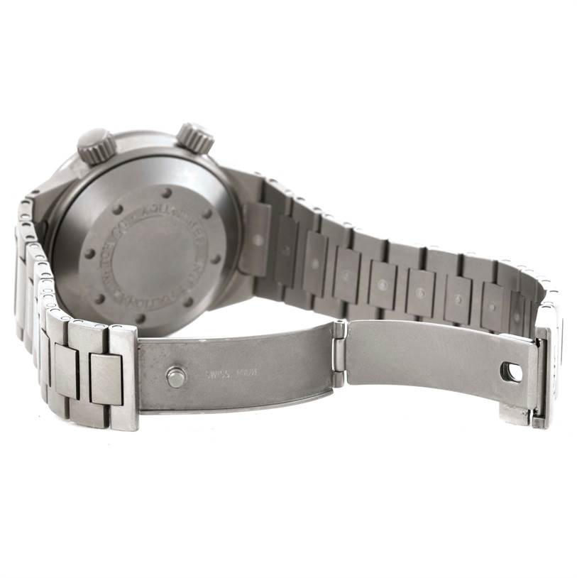 This image shows the back view of an IWC Aquatimer IW356802 Men's Titanium Black Dial IW356802 Men's Titanium Black Dial watch, highlighting the closed case back and metal bracelet with a deployment clasp.