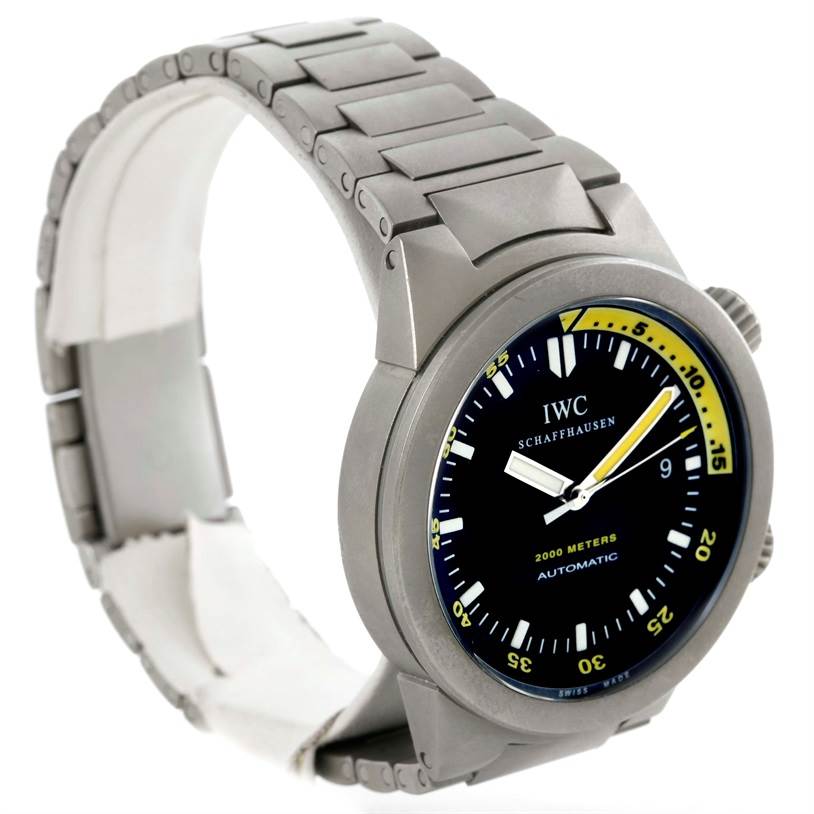 This image shows a side view of the IWC Aquatimer IW356802 Men's Titanium Black Dial IW356802 Men's Titanium Black Dial watch, highlighting the dial, bezel, and bracelet.