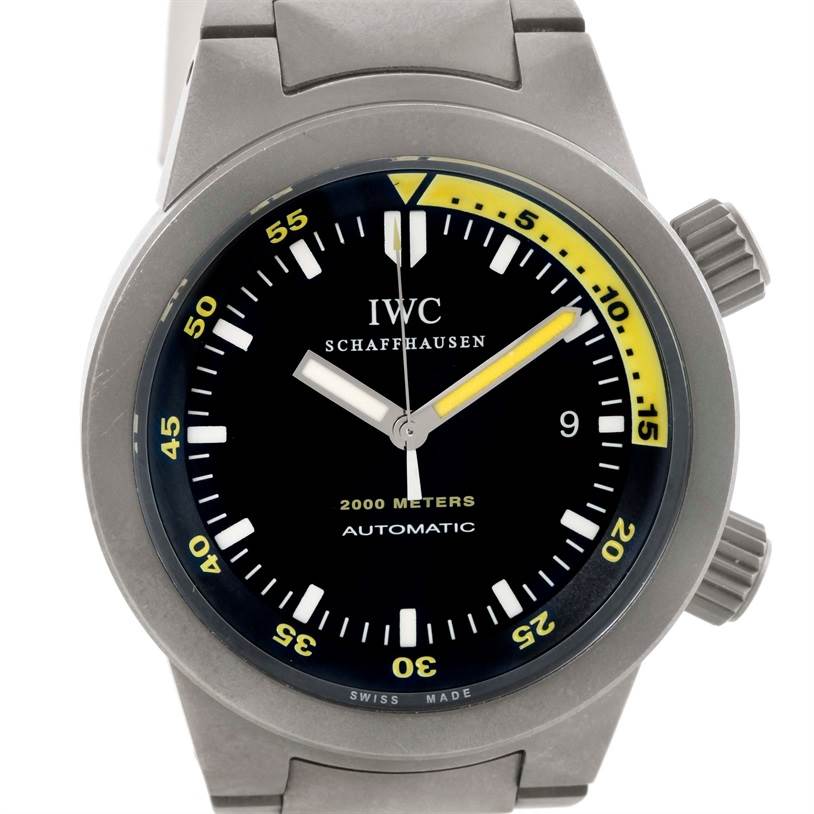 The image shows a frontal view of the IWC Aquatimer IW356802 Men's Titanium Black Dial IW356802 Men's Titanium Black Dial model watch, highlighting the dial, bezel, hands, and markers.