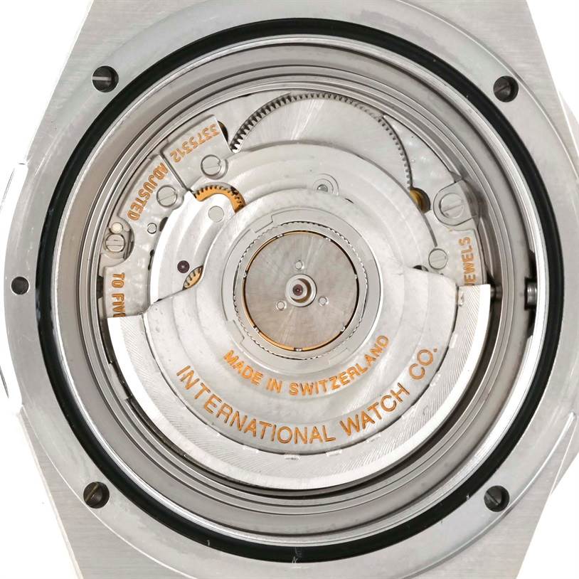 This image shows the back view of the IWC Ingenieur IW323904 Men's Stainless Steel Silver Dial IW323904 Men's Stainless Steel Silver Dial watch, highlighting its internal mechanical parts.