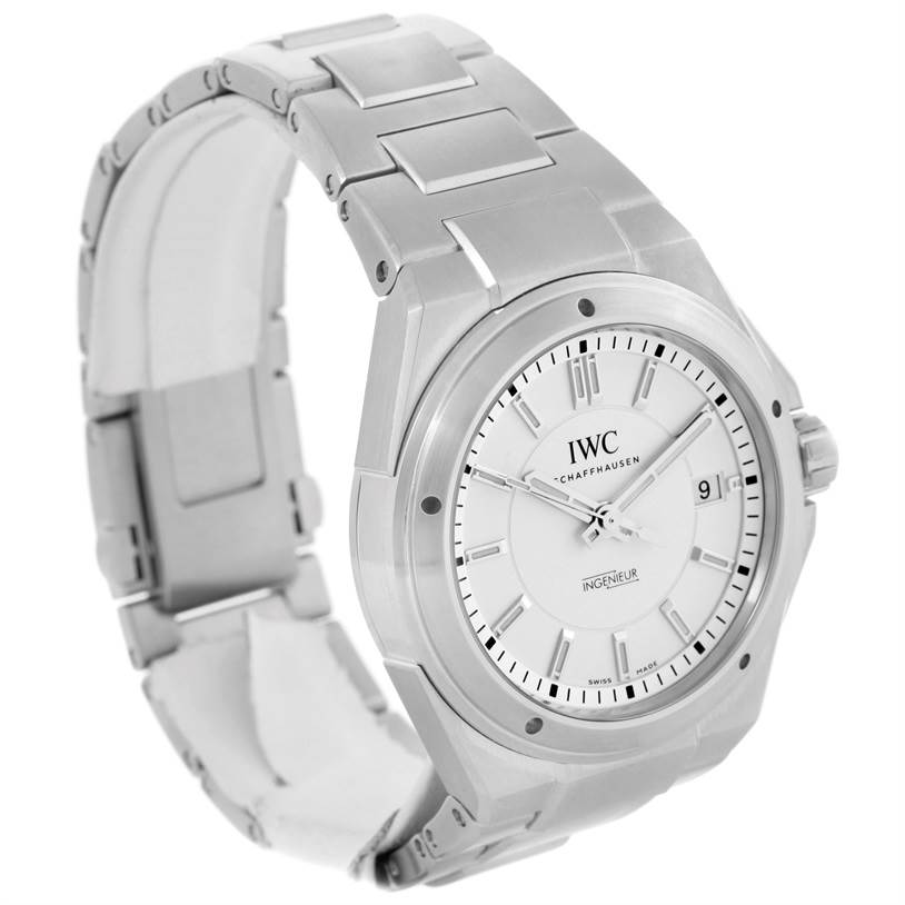 The image shows an IWC Ingenieur IW323904 Men's Stainless Steel Silver Dial IW323904 Men's Stainless Steel Silver Dial watch from an angled view, displaying the face, bezel, crown, and bracelet.