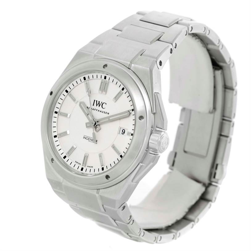 The IWC Ingenieur IW323904 Men's Stainless Steel Silver Dial IW323904 Men's Stainless Steel Silver Dial watch is shown from a front-right angle, highlighting its face, bezel, and metal bracelet.