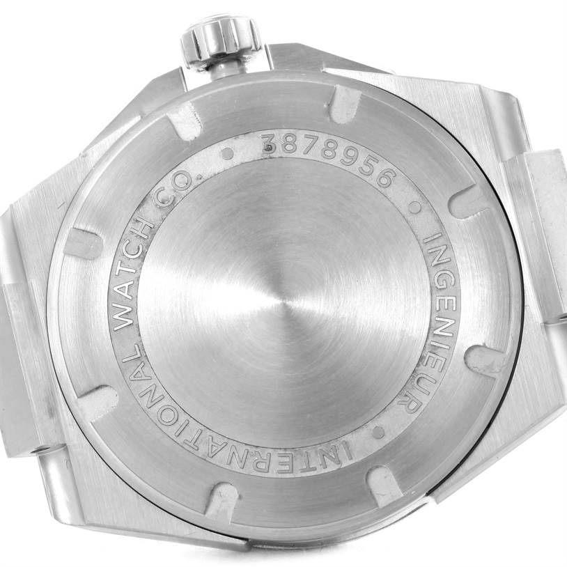 The image shows the back case and crown of the IWC Ingenieur IW323904 Men's Stainless Steel Silver Dial IW323904 Men's Stainless Steel Silver Dial watch.