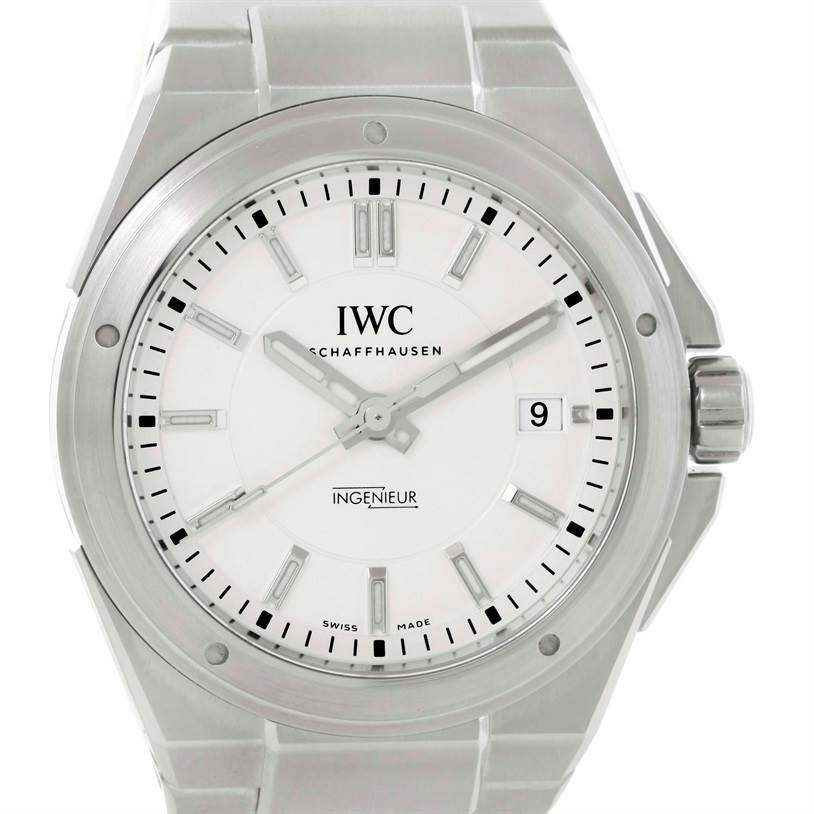 The IWC Ingenieur IW323904 Men's Stainless Steel Silver Dial IW323904 Men's Stainless Steel Silver Dial watch is shown from a front angle, displaying the dial, hands, markers, bezel, and part of the bracelet.
