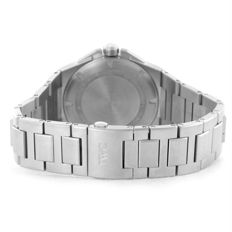 The IWC Ingenieur IW323904 Men's Stainless Steel Silver Dial IW323904 Men's Stainless Steel Silver Dial watch is shown from the rear, highlighting its bracelet and case back.