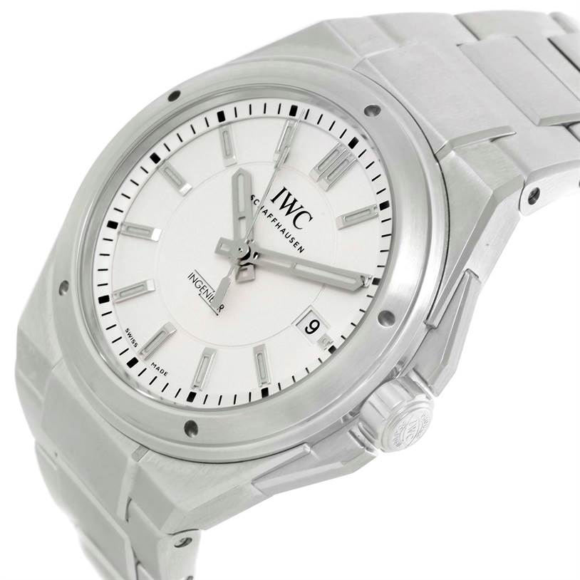The IWC Ingenieur IW323904 Men's Stainless Steel Silver Dial IW323904 Men's Stainless Steel Silver Dial watch is shown at an angle displaying the face, bezel, crown, and part of the bracelet.