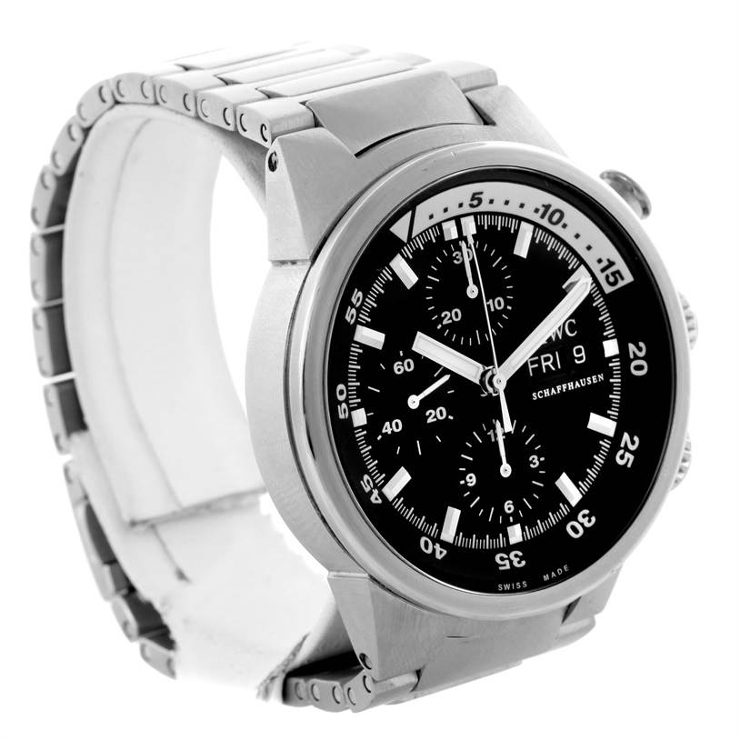 This IWC Aquatimer IW371928 Men's Stainless Steel Black Dial IW371928 Men's Stainless Steel Black Dial watch is shown at a 3/4 angle, displaying its face, bezel, and metal bracelet.