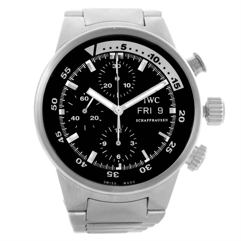 The image shows a front view of an IWC Aquatimer IW371928 Men's Stainless Steel Black Dial IW371928 Men's Stainless Steel Black Dial watch displaying the dial, bezel, and metal bracelet.