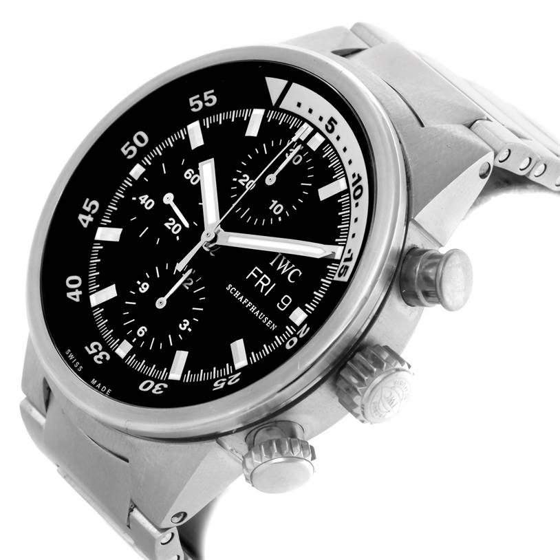 The image shows an IWC Aquatimer IW371928 Men's Stainless Steel Black Dial IW371928 Men's Stainless Steel Black Dial watch at an angle displaying the crown, pushers, and part of the bracelet.