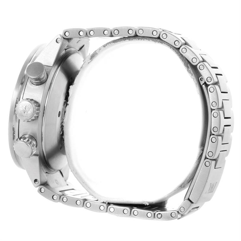 The image shows a side view of an IWC Aquatimer IW371928 Men's Stainless Steel Black Dial IW371928 Men's Stainless Steel Black Dial watch, highlighting its crown, pushers, and metal bracelet.