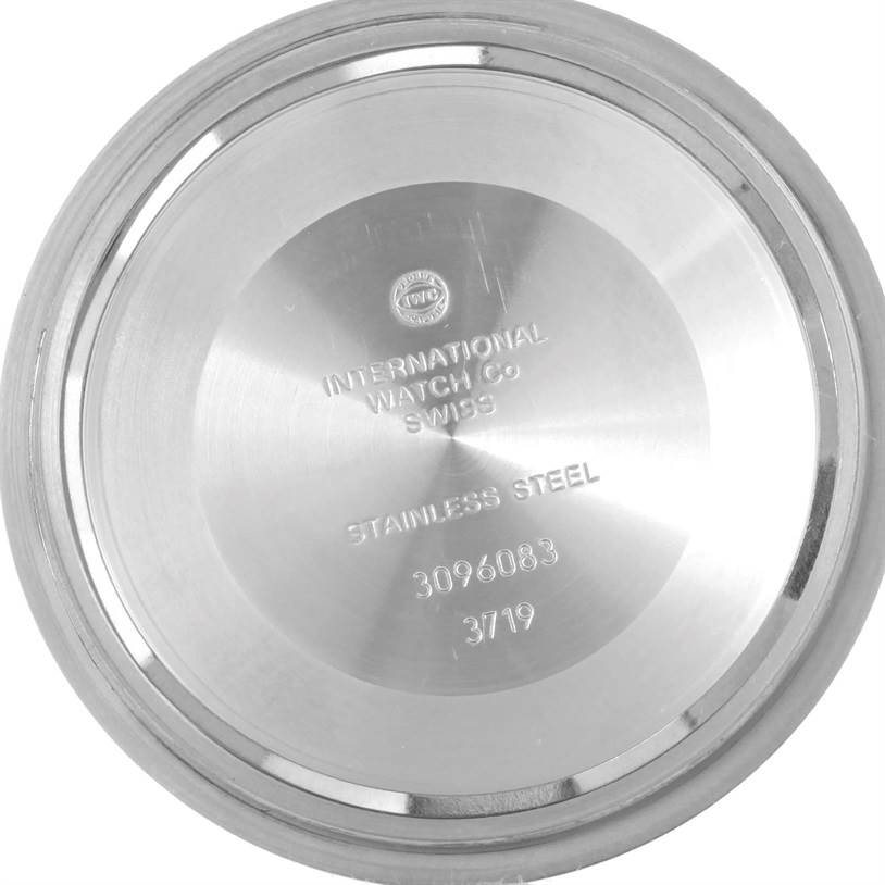 This image shows the stainless steel case back of an IWC Aquatimer IW371928 Men's Stainless Steel Black Dial IW371928 Men's Stainless Steel Black Dial watch, viewed from the back.