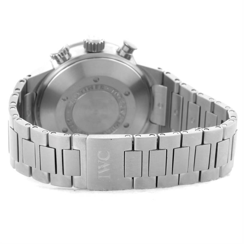 The image shows the back view of an IWC Aquatimer IW371928 Men's Stainless Steel Black Dial IW371928 Men's Stainless Steel Black Dial watch, highlighting the case back, crown, and stainless steel bracelet.