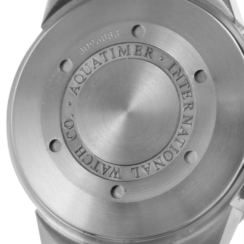 The image shows the back case of an IWC Aquatimer IW371928 Men's Stainless Steel Black Dial IW371928 Men's Stainless Steel Black Dial watch, displaying its engraved brand and model details.