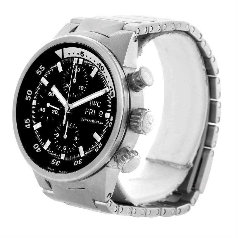 The image shows the IWC Aquatimer IW371928 Men's Stainless Steel Black Dial IW371928 Men's Stainless Steel Black Dial watch at a front-right angle, highlighting the dial, case, bezel, pushers, and bracelet.