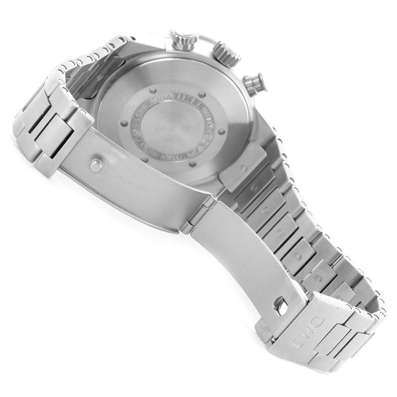 The image shows the backside and metal bracelet clasp of an IWC Aquatimer IW371928 Men's Stainless Steel Black Dial IW371928 Men's Stainless Steel Black Dial watch.