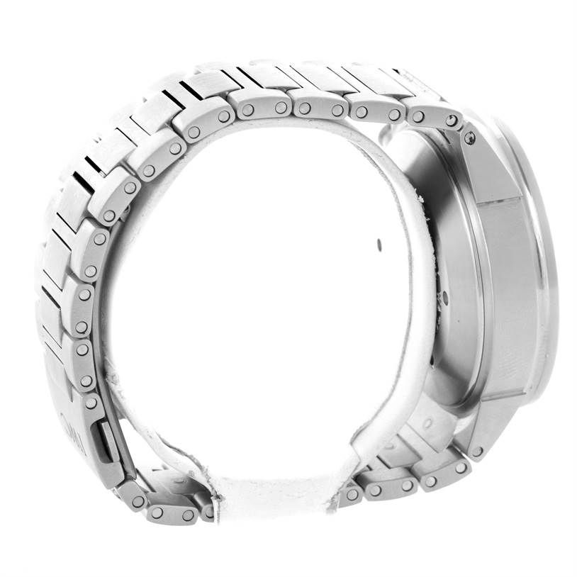 This image of the IWC Aquatimer IW371928 Men's Stainless Steel Black Dial IW371928 Men's Stainless Steel Black Dial watch shows a side view highlighting the metal link bracelet and watch case.