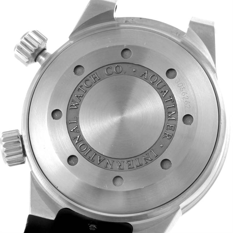 The image shows the backside of an IWC Aquatimer IW354807 Men's Stainless Steel Black Dial IW354807 Men's Stainless Steel Black Dial watch, featuring the case back and crown, with part of the lugs visible.