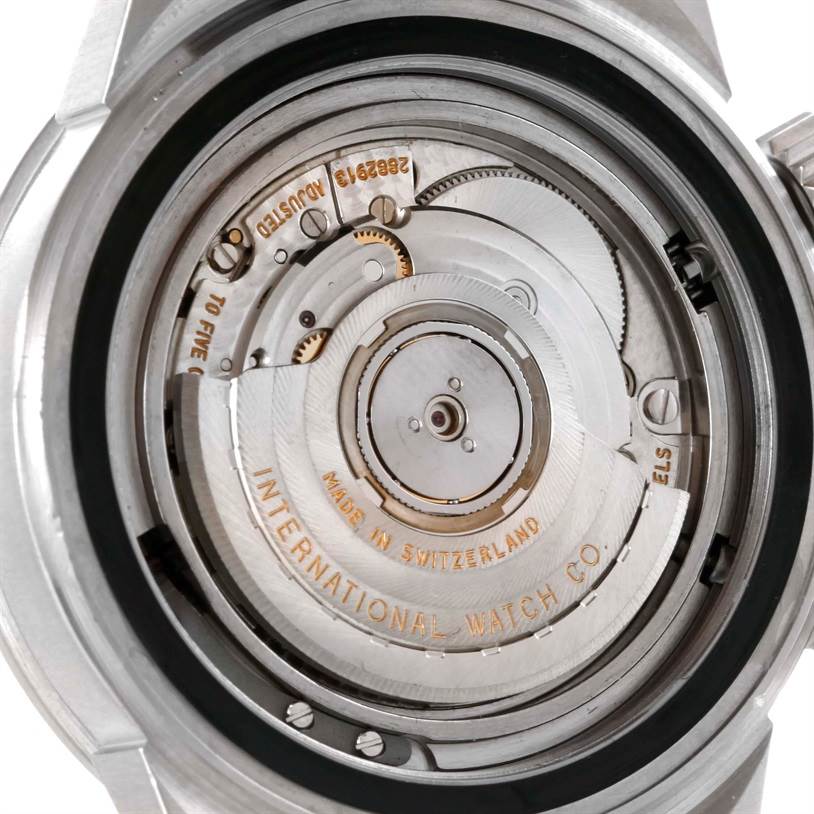 The image shows the movement and inner workings of the IWC Aquatimer IW354807 Men's Stainless Steel Black Dial IW354807 Men's Stainless Steel Black Dial watch from a close-up, rear angle.