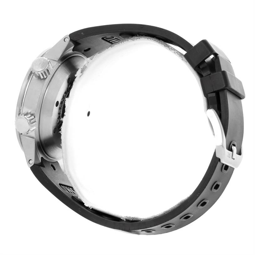 The image shows a side view of an IWC Aquatimer IW354807 Men's Stainless Steel Black Dial IW354807 Men's Stainless Steel Black Dial watch, focusing on its case, crown, and black strap with buckle.