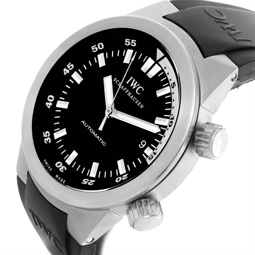 The image shows an IWC Aquatimer IW354807 Men's Stainless Steel Black Dial IW354807 Men's Stainless Steel Black Dial watch at a three-quarter angle, highlighting the face, bezel, crown, and part of the strap.
