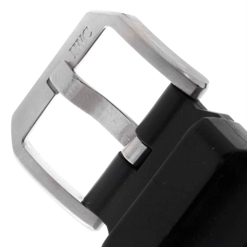 The image shows a close-up of the buckle of an IWC Aquatimer IW354807 Men's Stainless Steel Black Dial IW354807 Men's Stainless Steel Black Dial watch strap at an angled view.
